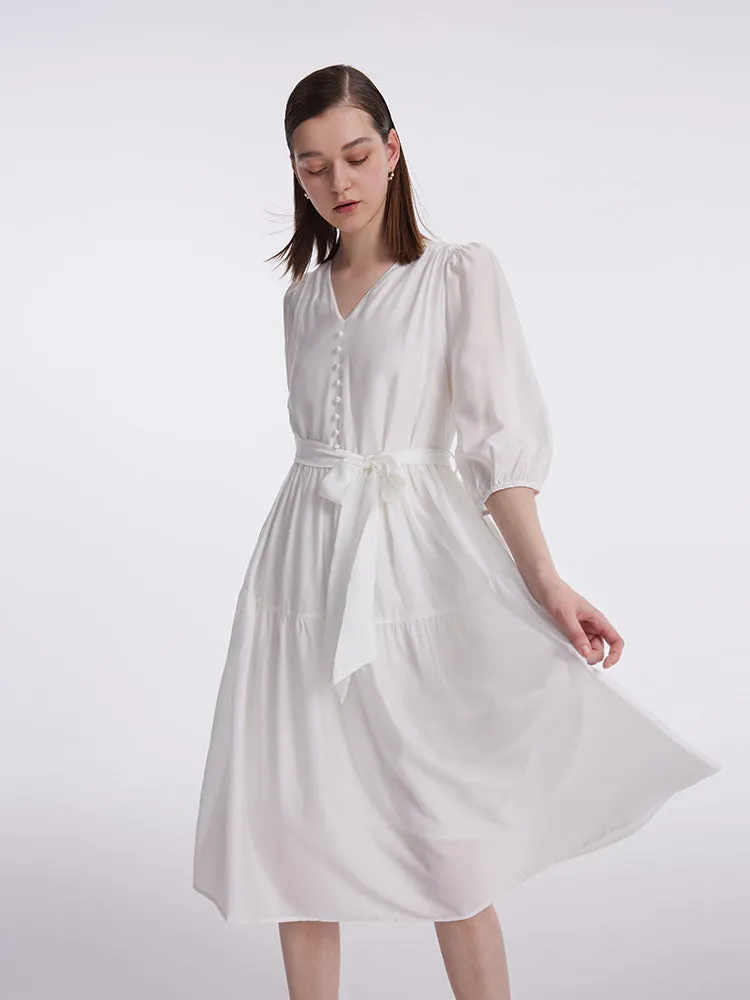 White V-Neck Gathered Waist Midi Dress sold by Goelia product image thumbnail 5