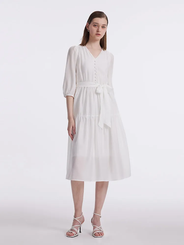 White V-Neck Gathered Waist Midi Dress sold by Goelia product image thumbnail 2