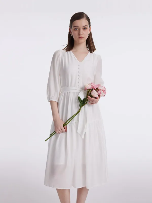 White V-Neck Gathered Waist Midi Dress sold by Goelia