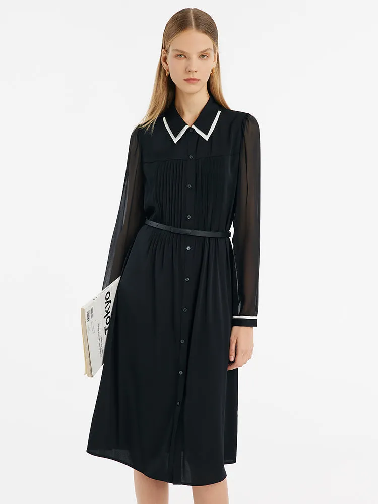 22 Momme Mulberry Silk Contrast Trim Women Midi Dress With Belt sold by Goelia