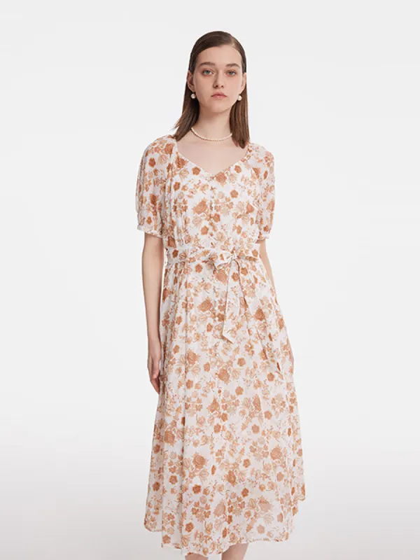 Rose Print Puff Sleeves Women Midi Dress With Belt sold by Goelia