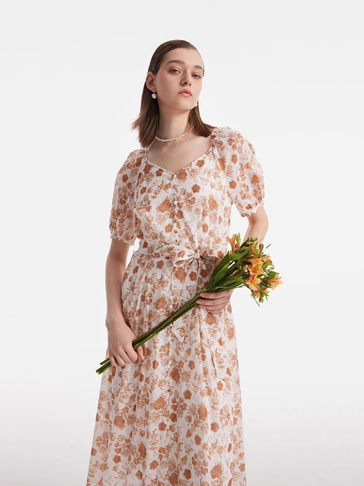 Rose Print Puff Sleeves Women Midi Dress With Belt sold by Goelia product image thumbnail 5