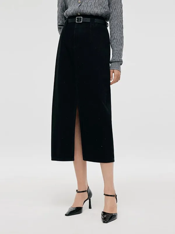 Denim Rhinestone Slit Women Skirt With Belt sold by Goelia