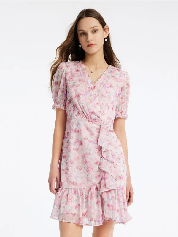 Pink Floral Short Sleeve Falbala Mini Dress sold by Goelia