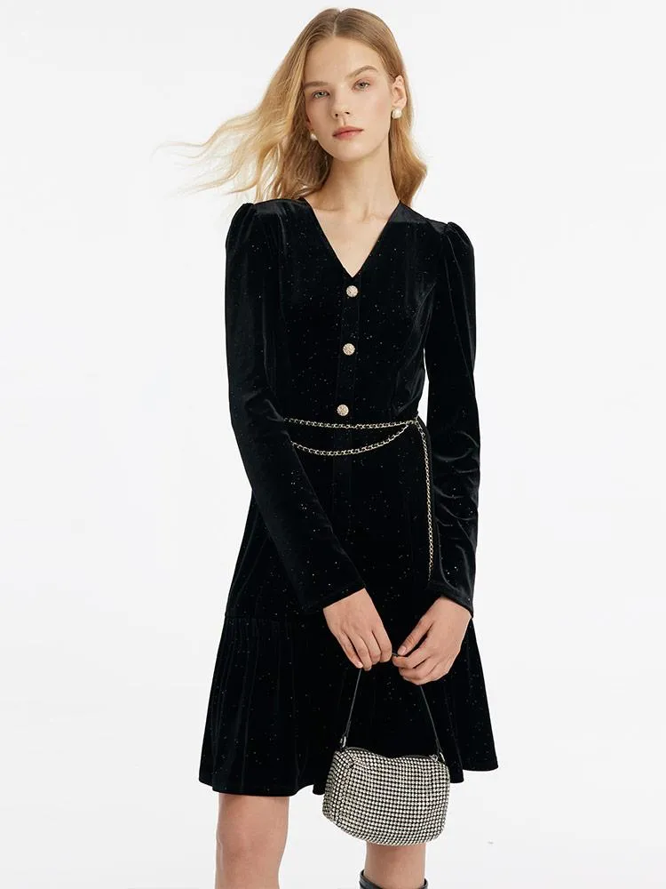Velvet V-Neck Women Dress With Chain Belt sold by Goelia