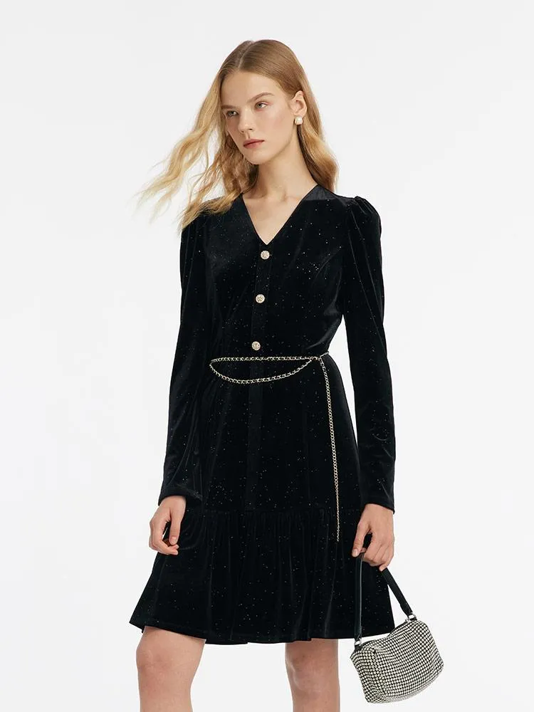 Velvet V-Neck Women Dress With Chain Belt sold by Goelia product image thumbnail 3