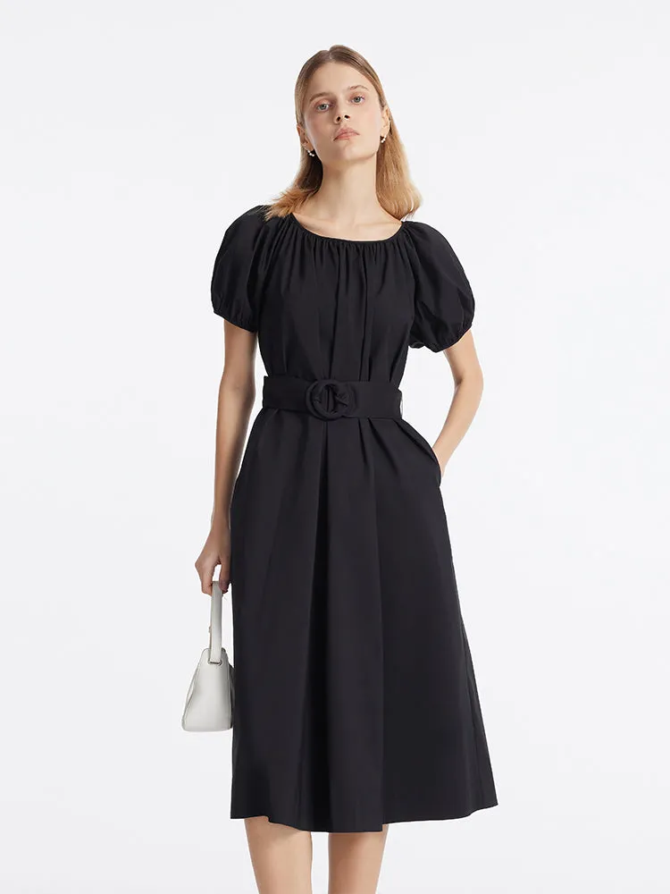Puff Sleeves Women Midi Dress With Belt sold by Goelia