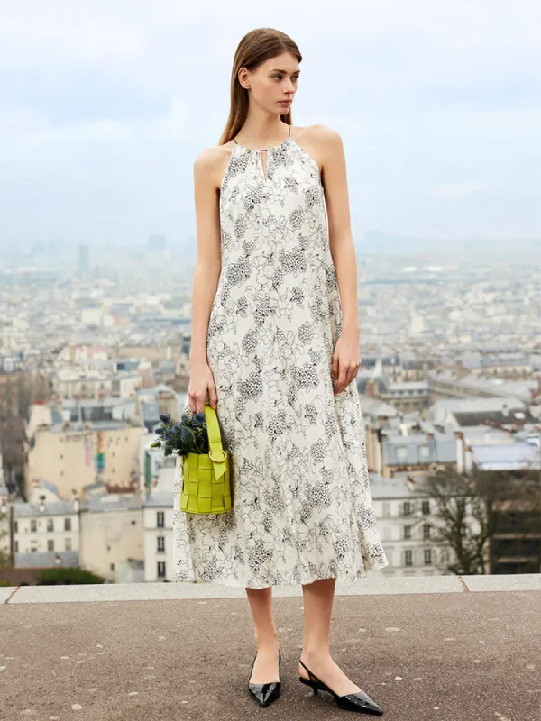 20 Momme Mulberry Silk Iris Print Women Halter Maxi Dress With Belt sold by Goelia