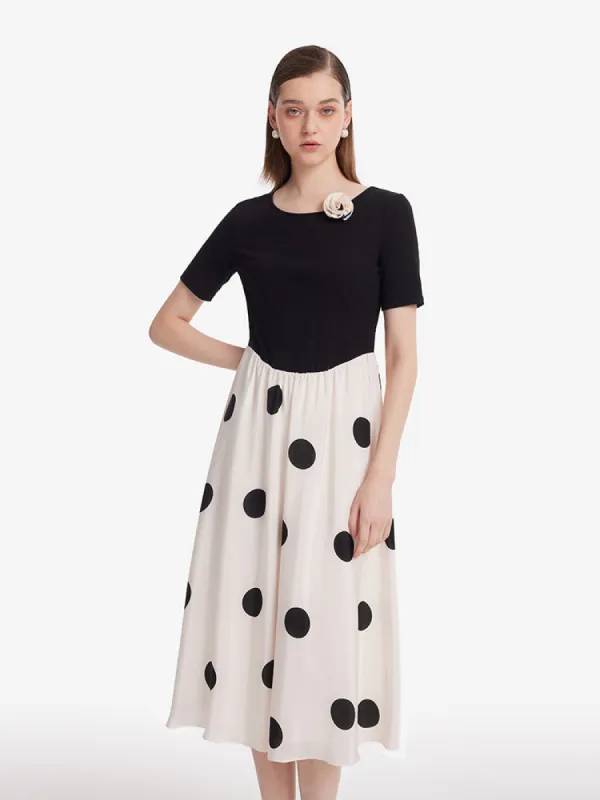 16 Momme Mulberry Silk Polka Dots Print Patchwork Women Midi Dress With Scrunchie And 3D Rose Clip sold by Goelia