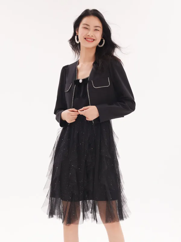 Women Jacket And Netted Gauze Dress Two-Piece Set sold by Goelia