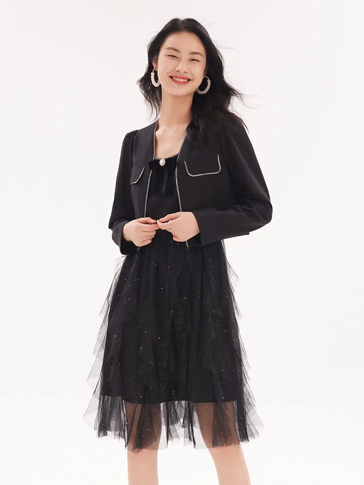 Women Jacket And Netted Gauze Dress Two-Piece Set sold by Goelia