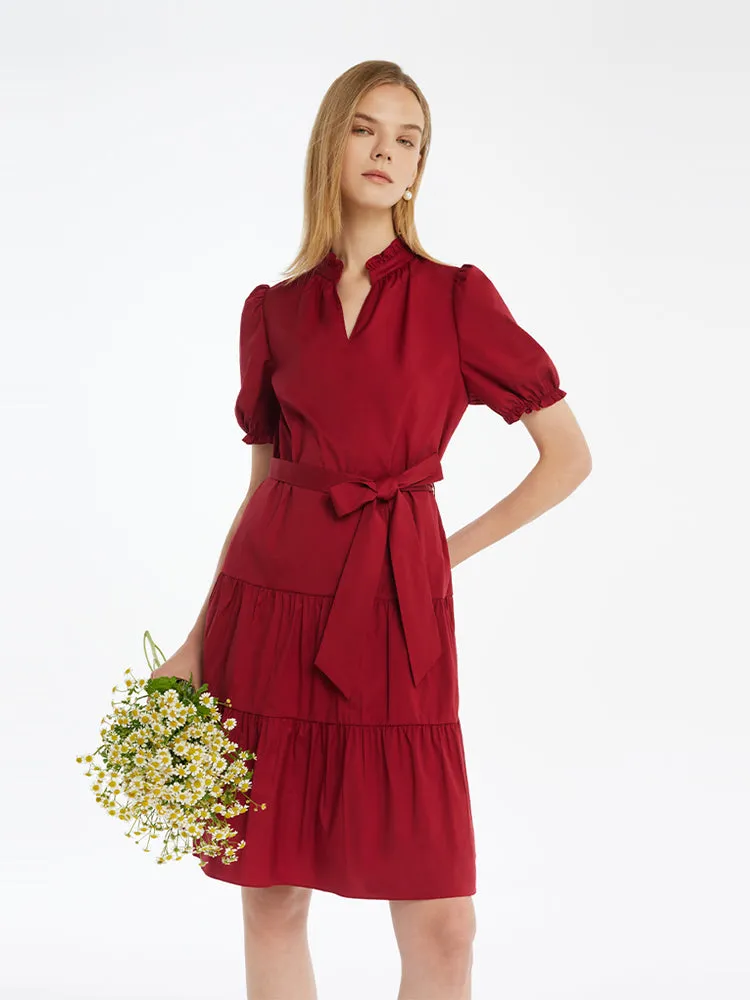 Puff Sleeves Tiered Women Mini Dress With Belt sold by Goelia