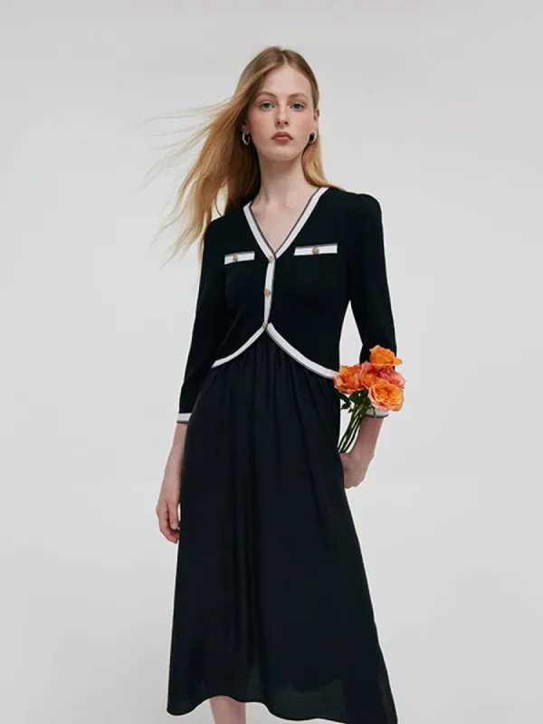 Contrast Trim Knitted Patchwork Women Midi Dress sold by Goelia