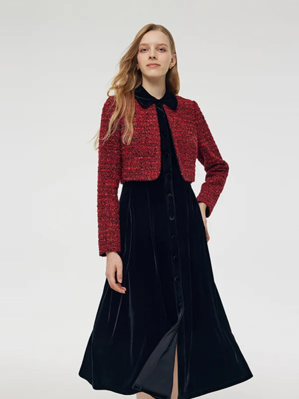 Wool Blend And Velvet Patchwork Women Midi Dress sold by Goelia