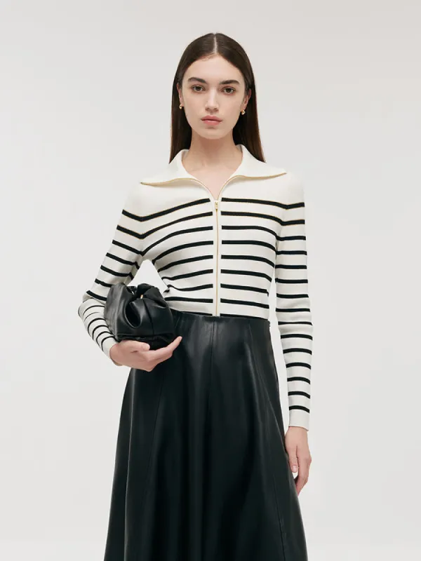 Black And White Stripe Zip-Up Women Cardigan sold by Goelia