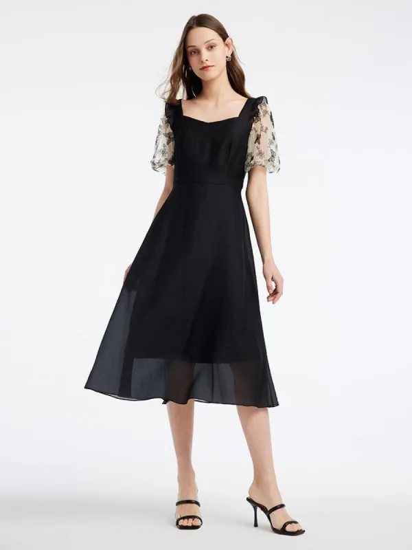 Mesh Patchwork Puff Sleeve Midi Dress sold by Goelia