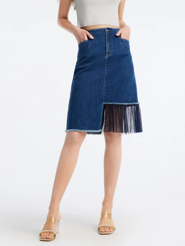 Mid Denim Fitted H-shaped Skirt sold by Goelia