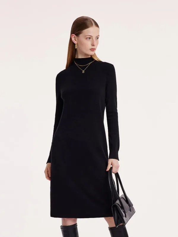 Black Pure Wool Mock Neck Knit Midi Work Dress sold by Goelia