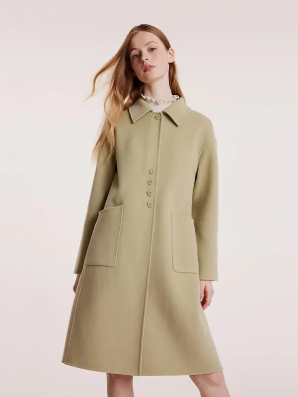 Green Pure Wool Lapel Double-Faced Women Coat sold by Goelia