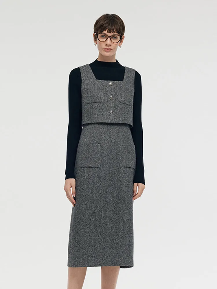 Washable Wool Vest Midi Dress And Knit Top Two-Piece Set sold by Goelia