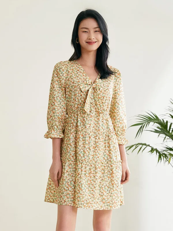 Floral Bowknot V-Neck Mini Dress sold by Goelia