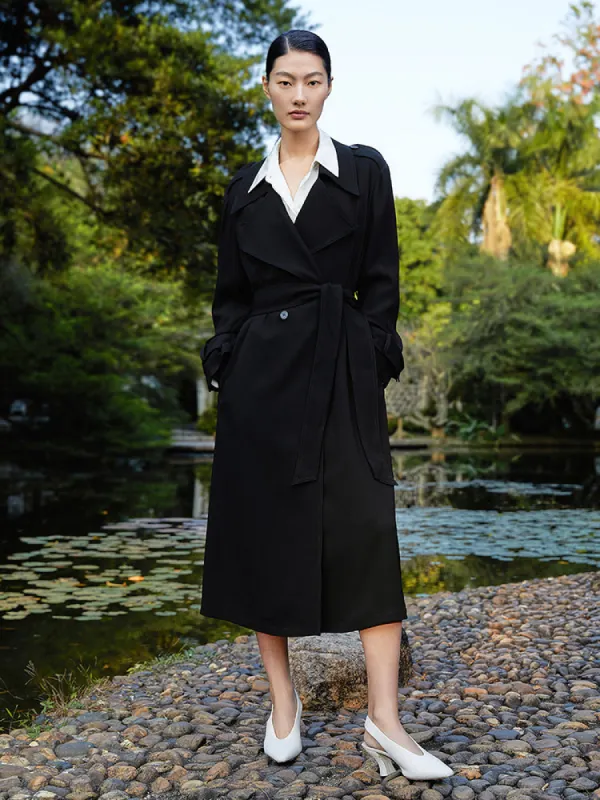 Black Triacetate Mid-Length Trench Coat sold by Goelia