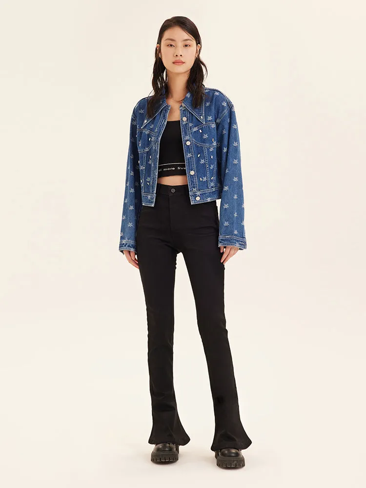 Jacquard Denim Short Women Jacket With Rhinestones sold by Goelia