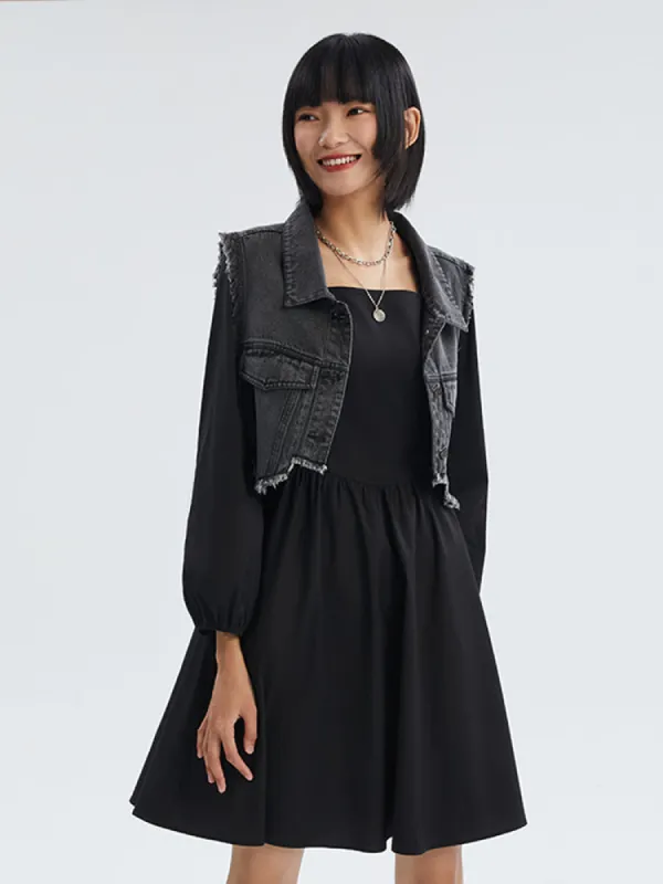 Denim Vest And Black Mini Dress Two-Piece Set sold by Goelia