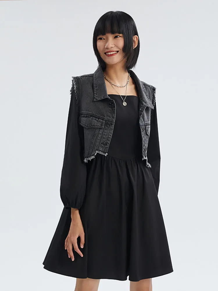 Denim Vest And Black Mini Dress Two-Piece Set sold by Goelia