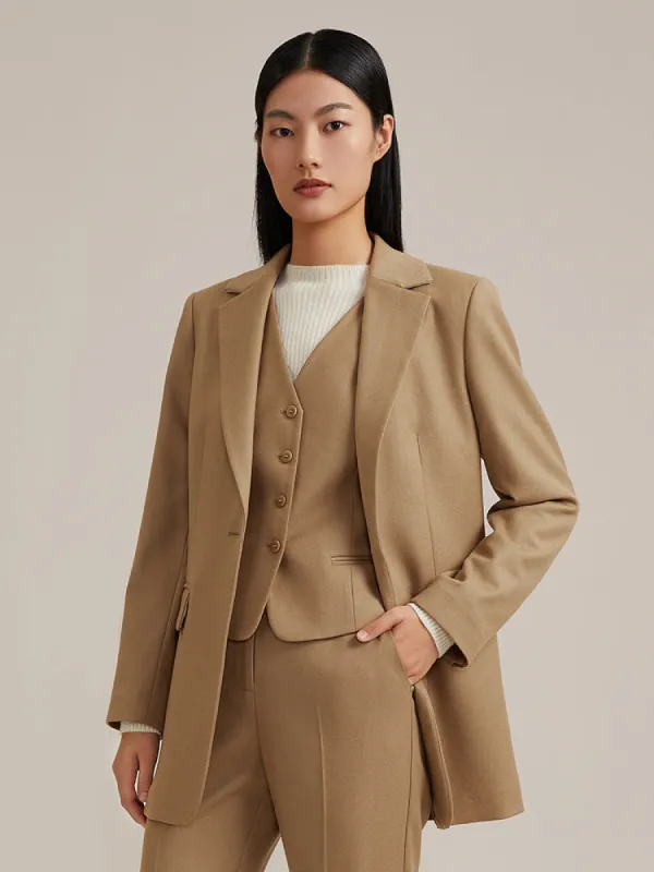 Khaki One Button Woolen Women Blazer sold by Goelia