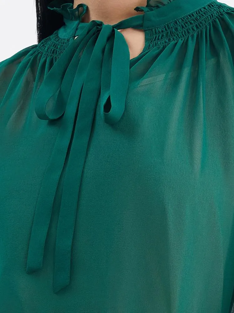 Green 10 Momme Silk Tied Women Blouse sold by Goelia product image thumbnail 5