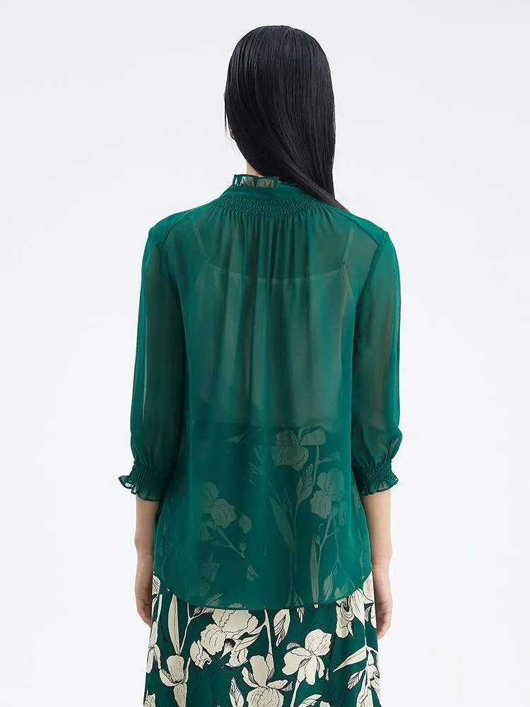 Green 10 Momme Silk Tied Women Blouse sold by Goelia product image thumbnail 4