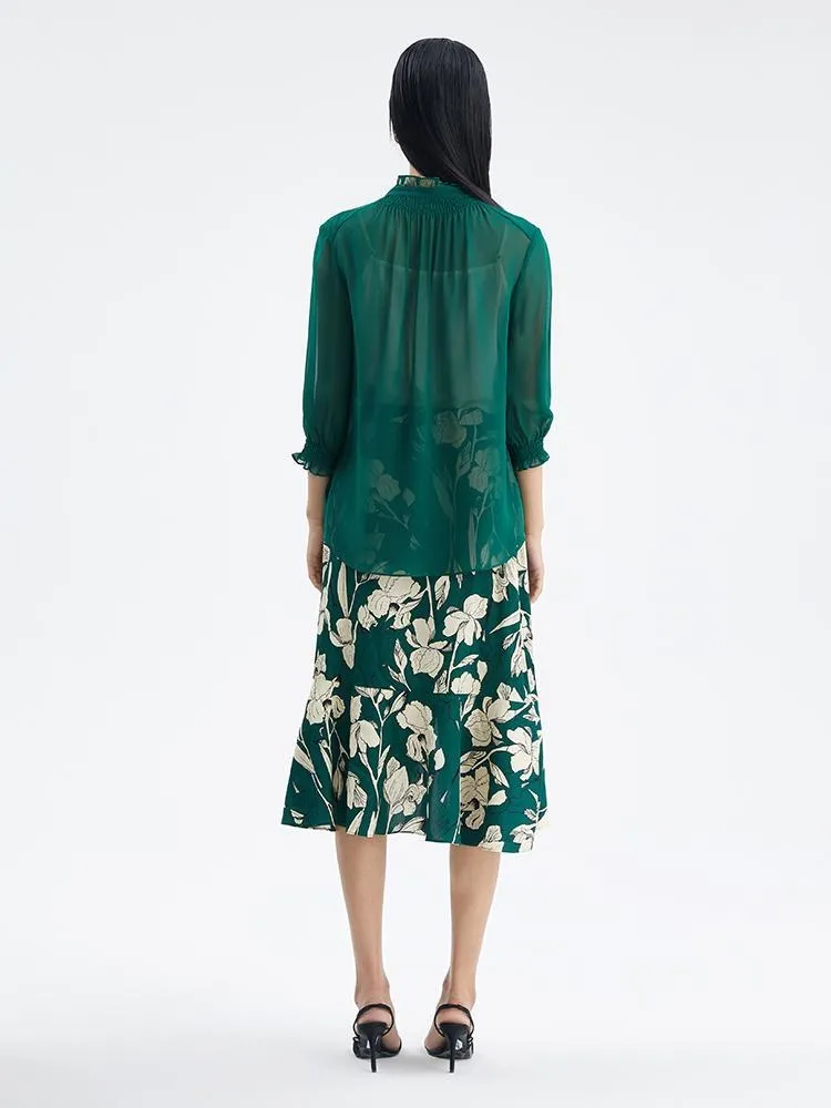 Green 10 Momme Silk Tied Women Blouse sold by Goelia product image thumbnail 3