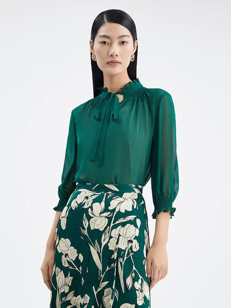 Green 10 Momme Silk Tied Women Blouse sold by Goelia product image thumbnail 2