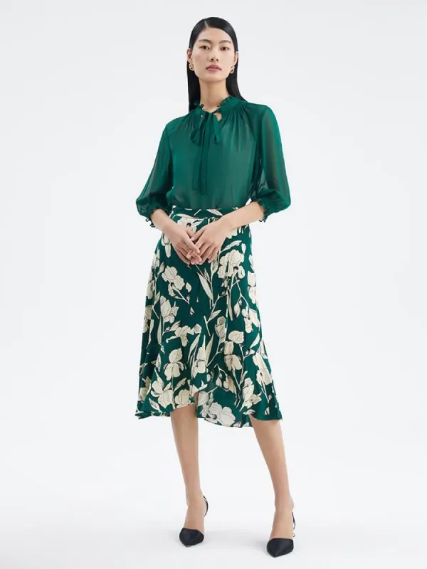 Green 10 Momme Silk Tied Women Blouse sold by Goelia