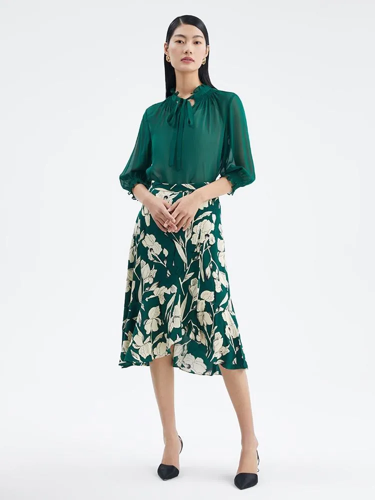 Green 10 Momme Silk Tied Women Blouse sold by Goelia