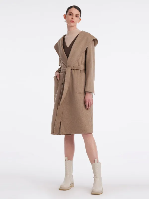 Brown Cashmere Hooded Wrapped Coat sold by Goelia