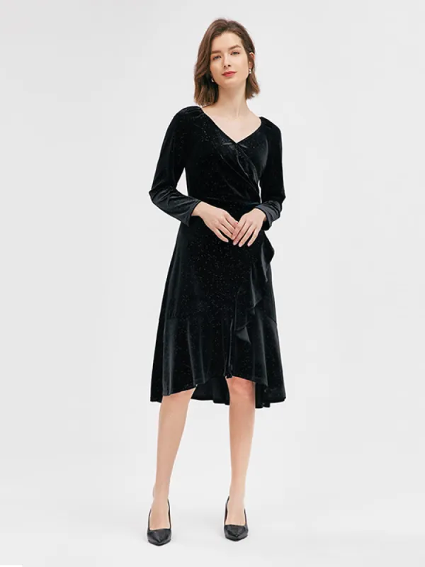 Black V-Neck Ruffled Velvet Midi Dress sold by Goelia