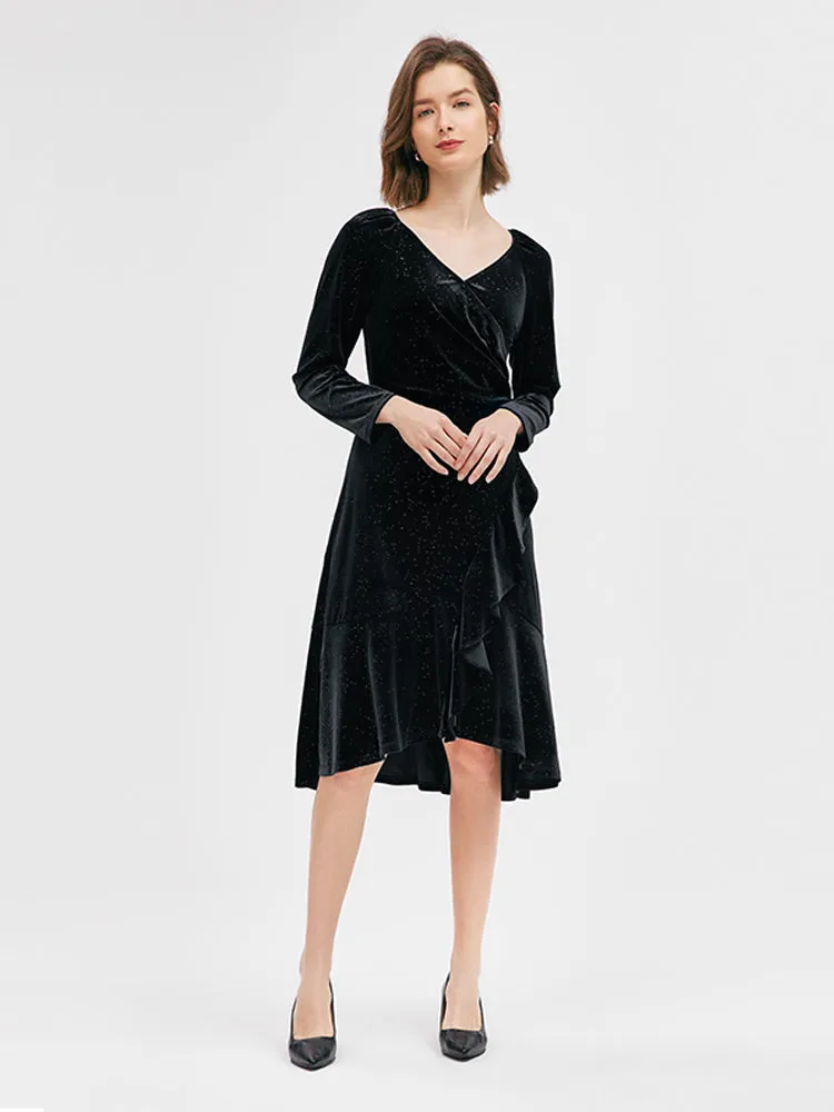 Black V-Neck Ruffled Velvet Midi Dress sold by Goelia