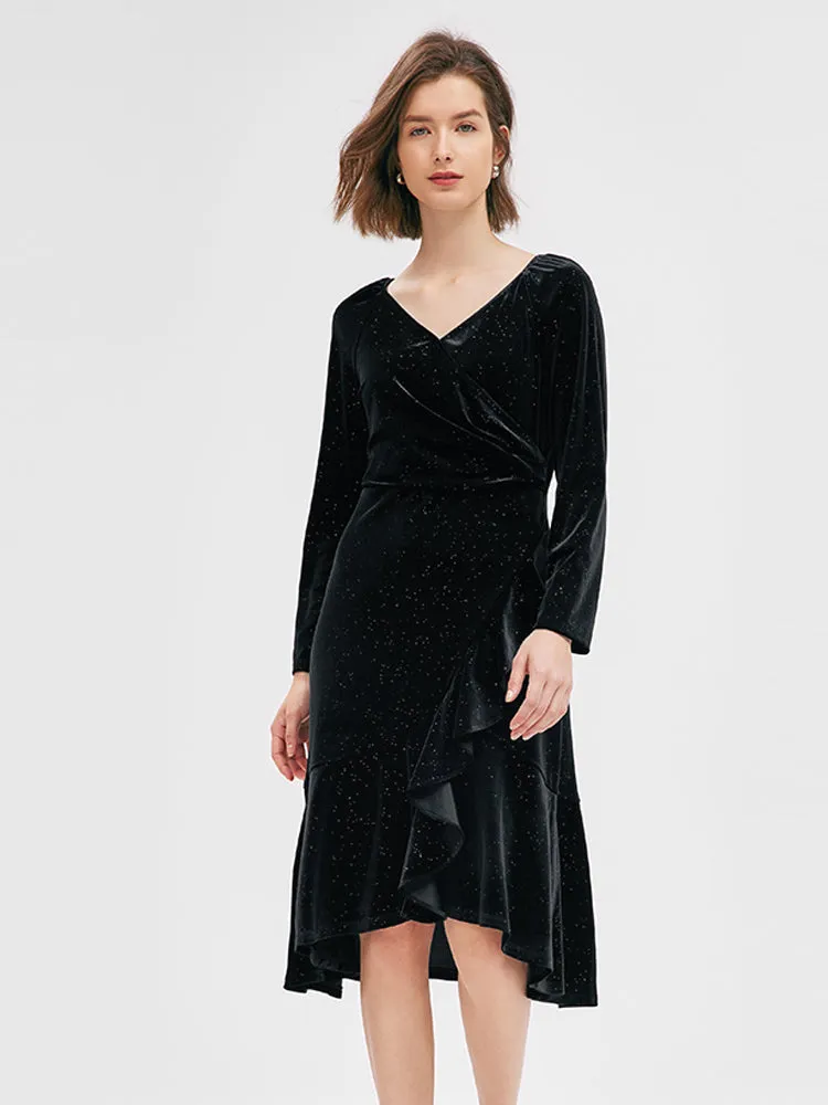 Black V-Neck Ruffled Velvet Midi Dress sold by Goelia product image thumbnail 2