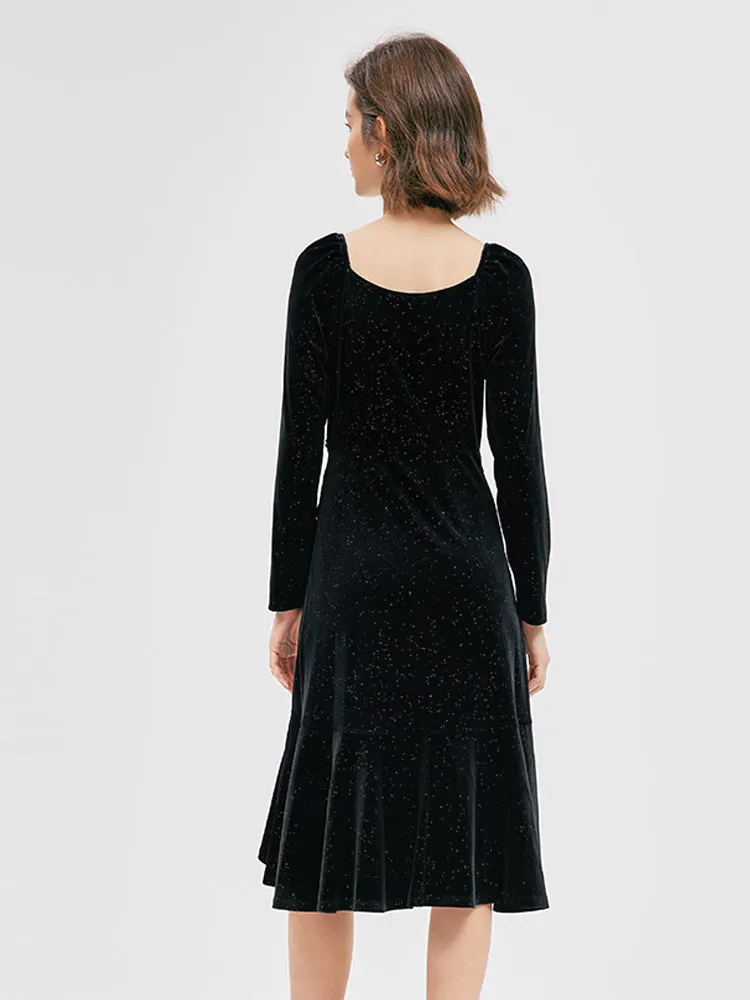 Black V-Neck Ruffled Velvet Midi Dress sold by Goelia product image thumbnail 3