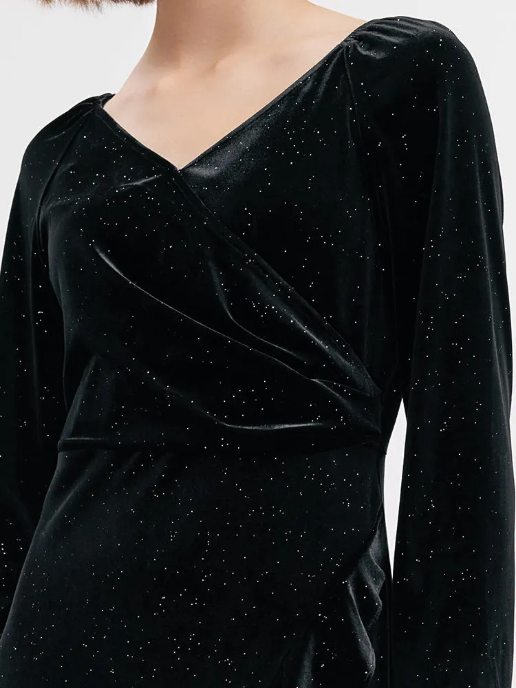 Black V-Neck Ruffled Velvet Midi Dress sold by Goelia product image thumbnail 4