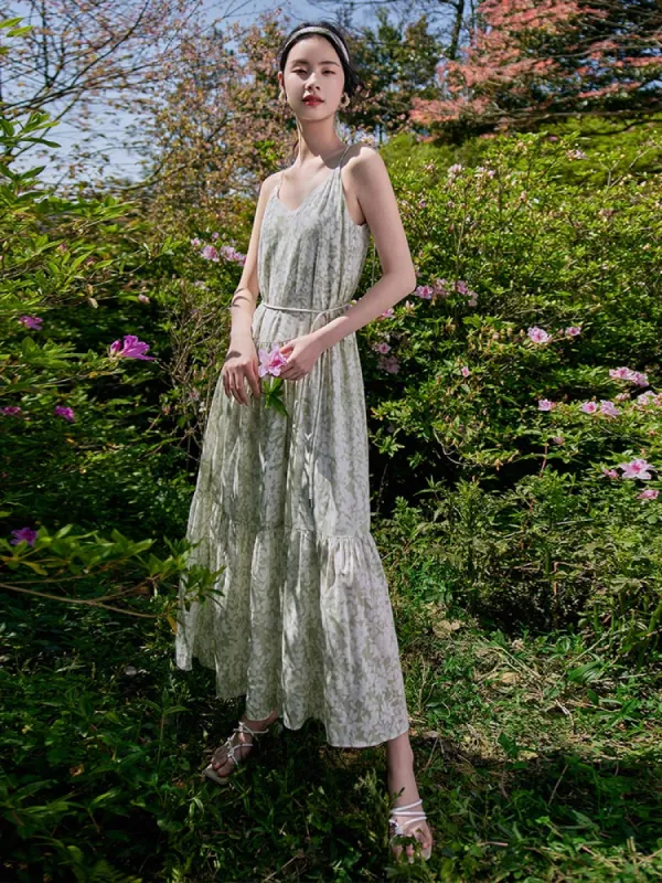 16 Momme Floral Printed Silk Spaghetti Strap Maxi Dress sold by Goelia