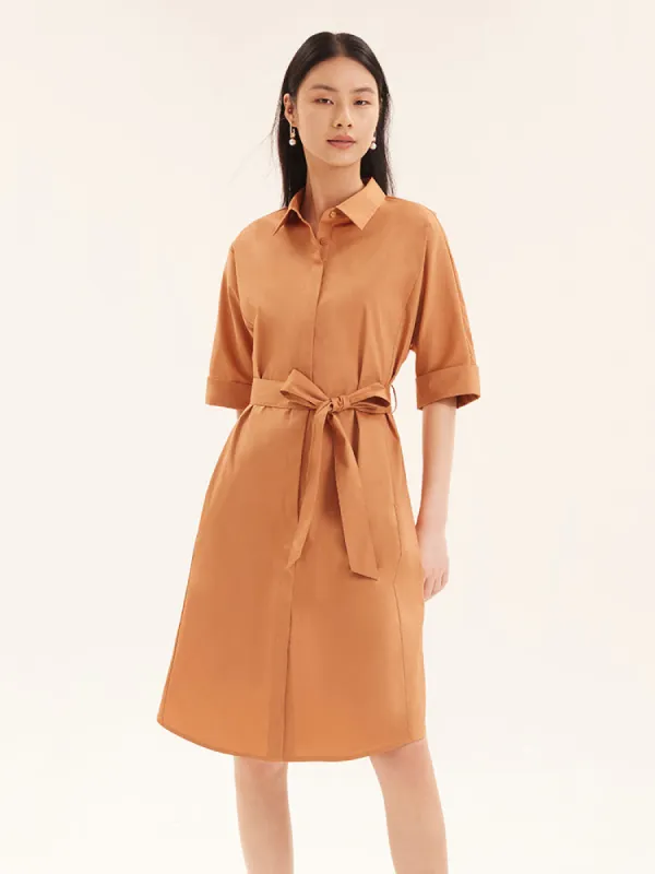 Shirt-Style Cotton Gathered Waist Midi Dress sold by Goelia