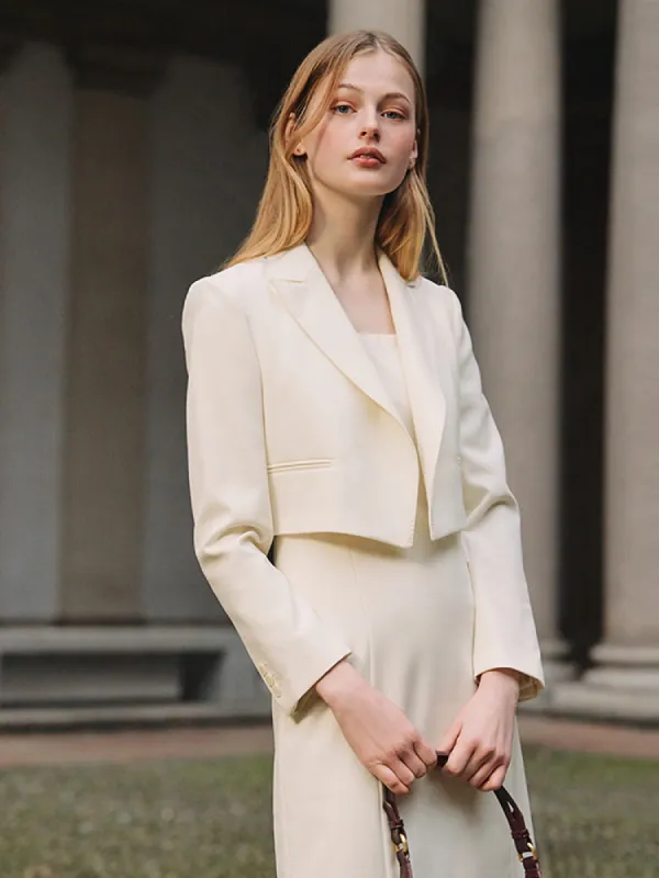 White Worsted Woolen Crop Blazer sold by Goelia