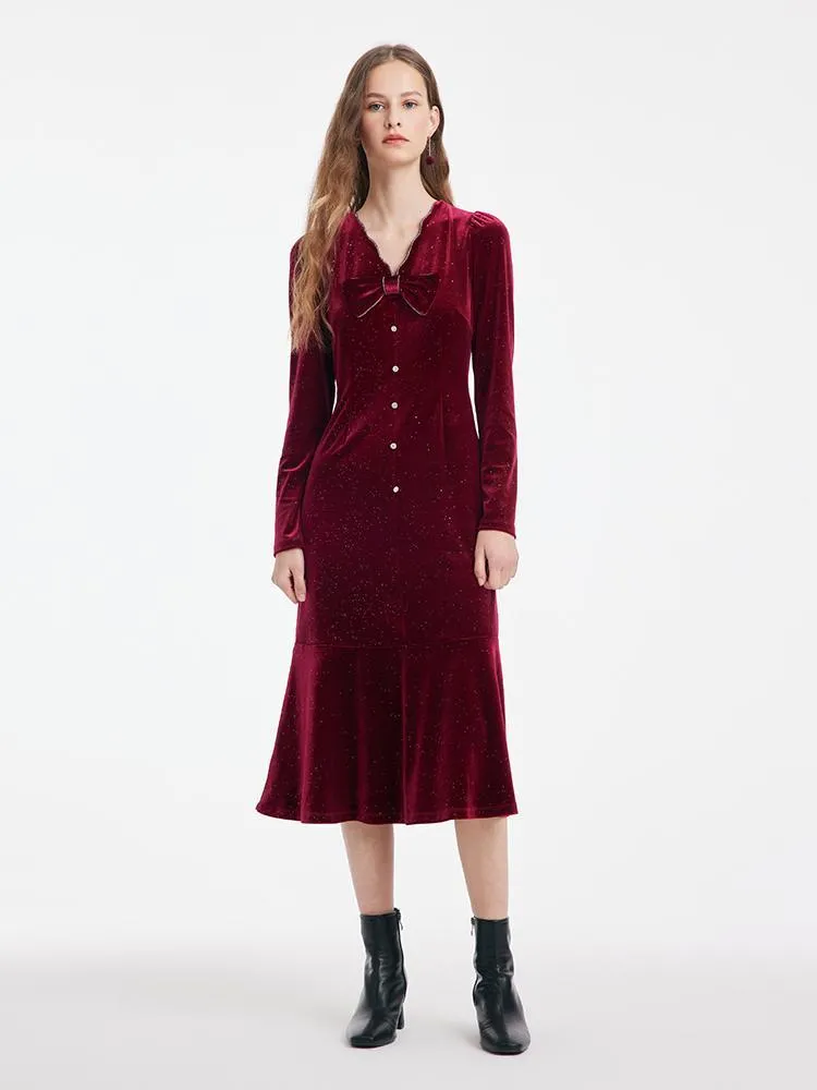 Detachable Bowknot Velvet Midi Women Dress sold by Goelia product image thumbnail 2