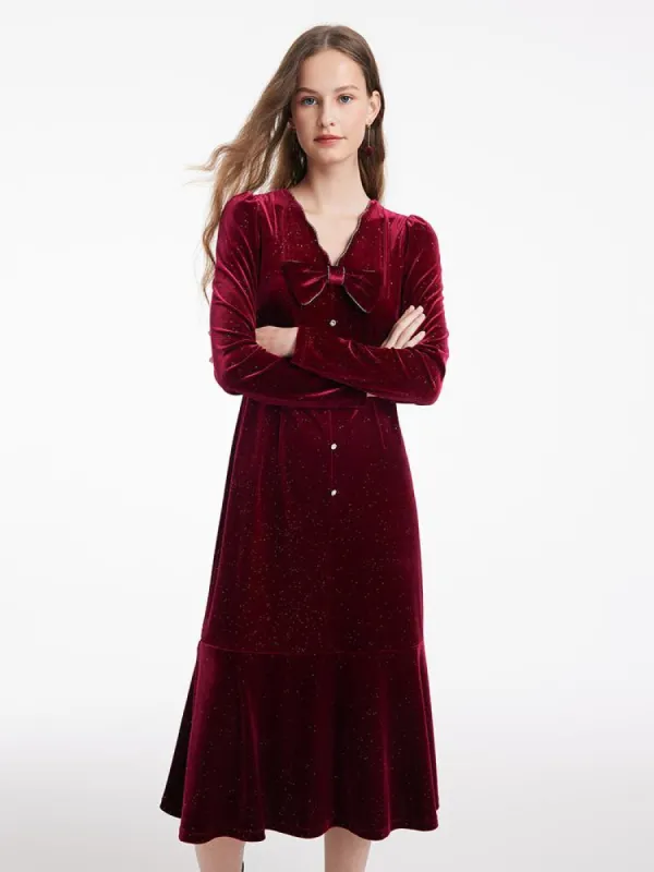 Detachable Bowknot Velvet Midi Women Dress made by Goelia