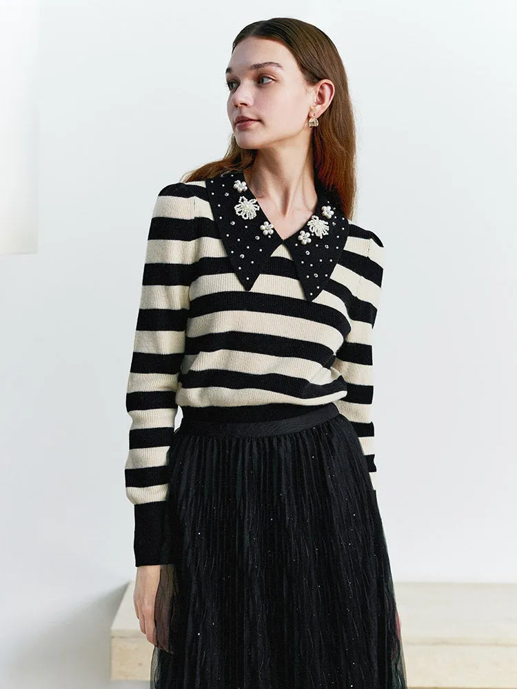 Stripe V-Neck Pearl Lapel Women Sweater sold by Goelia product image thumbnail 3