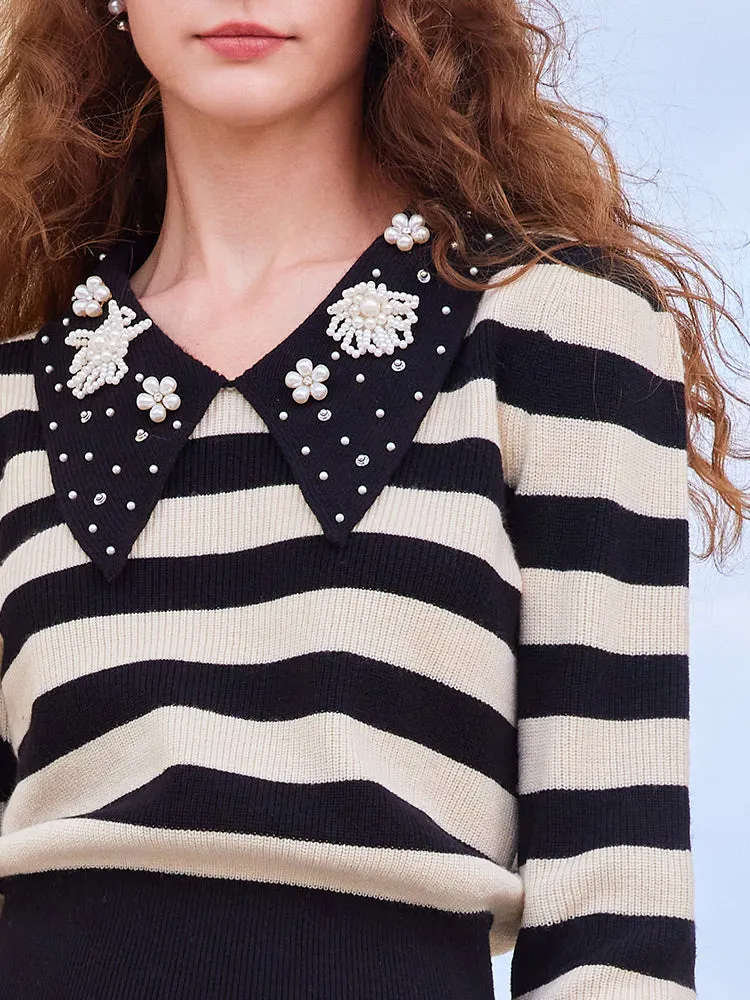 Stripe V-Neck Pearl Lapel Women Sweater sold by Goelia product image thumbnail 4