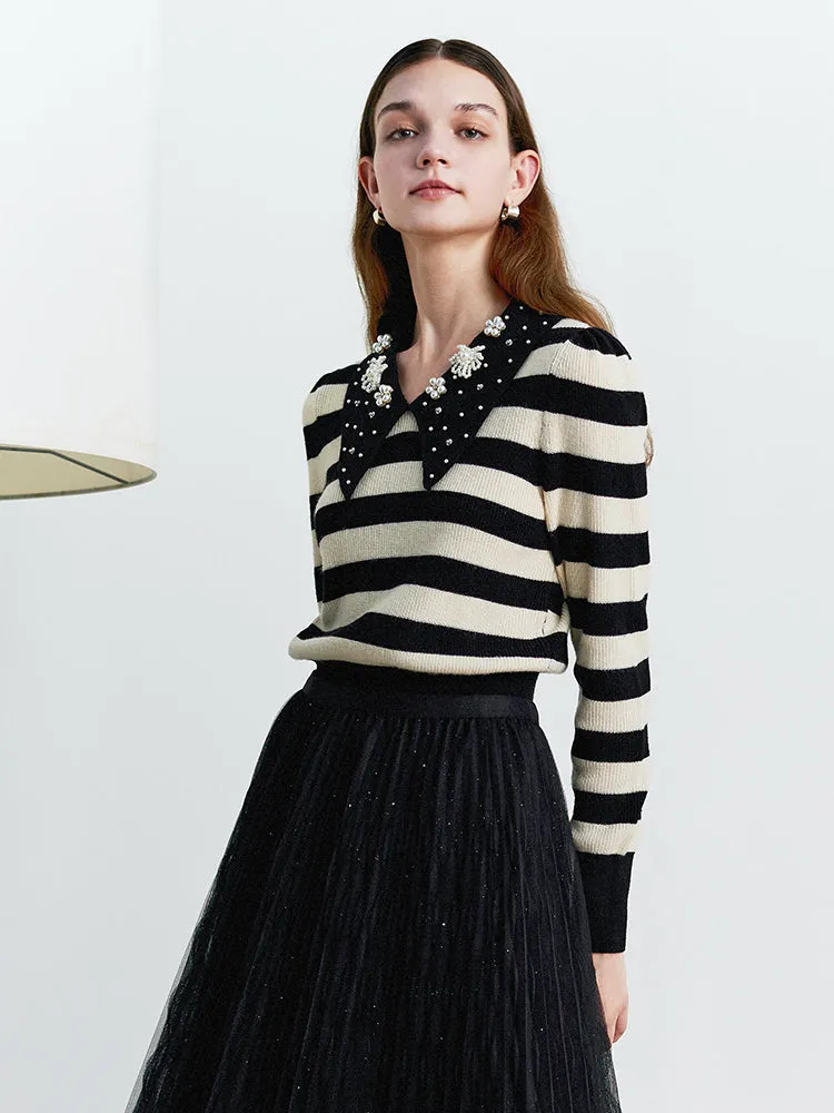 Stripe V-Neck Pearl Lapel Women Sweater sold by Goelia product image thumbnail 2